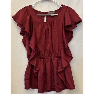 Women's Kenar Burgundy Blouse Ruffle Cap Sleeves & Sides Peplum Style Key Hole S